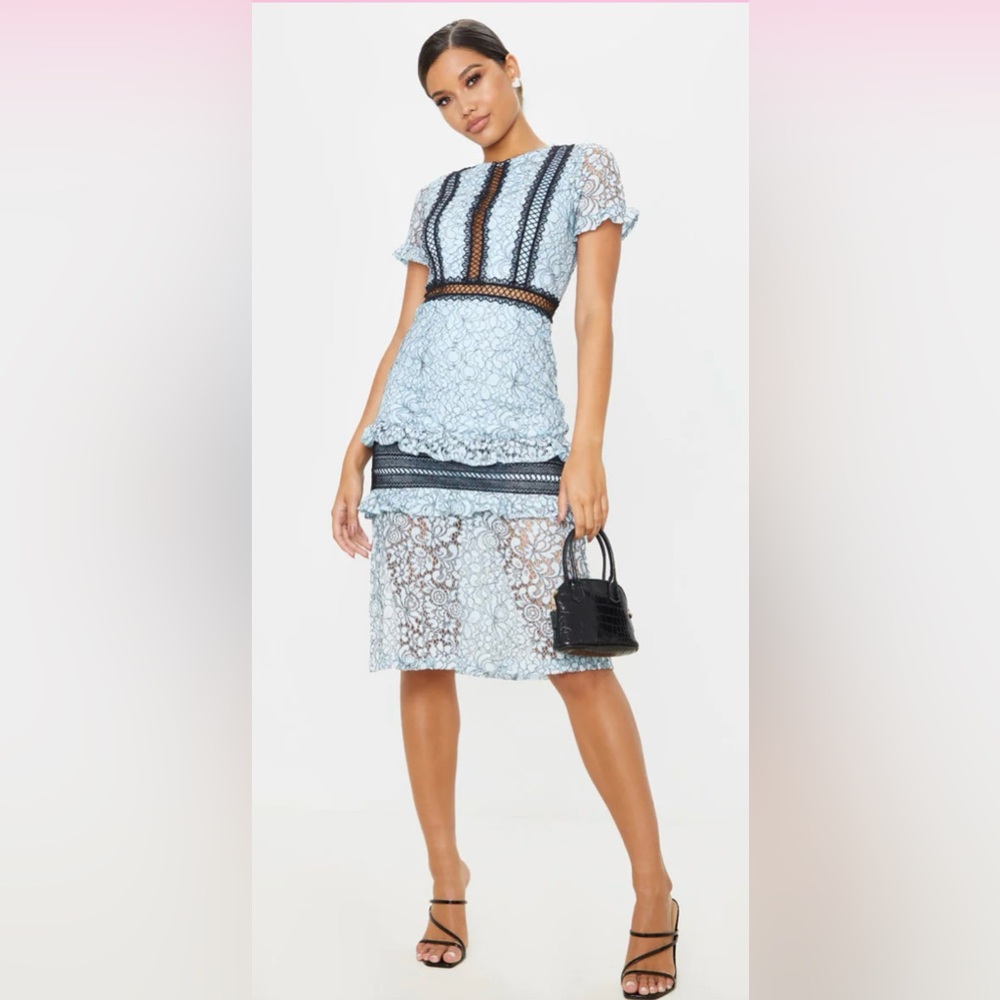 Dusty Blue Lace Ruffle Detail Midi Dress